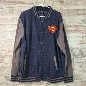 Men's Superman snap up sweatshirt varsity jacket blue gray size large